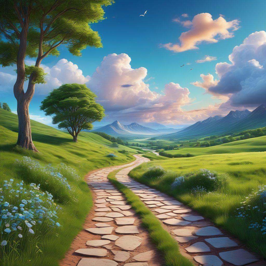 A serene pathway winding through a lush green landscape, symbolizing the journey to debt elimination. Along the path, illustrations of various insurance types, like health, auto, and home, represented as signposts guiding the way. A bright blue sky with soft clouds above, radiating hope and optimism. Subtle financial icons like coins and charts subtly integrated into the scene. vibrant colors. 3D.
