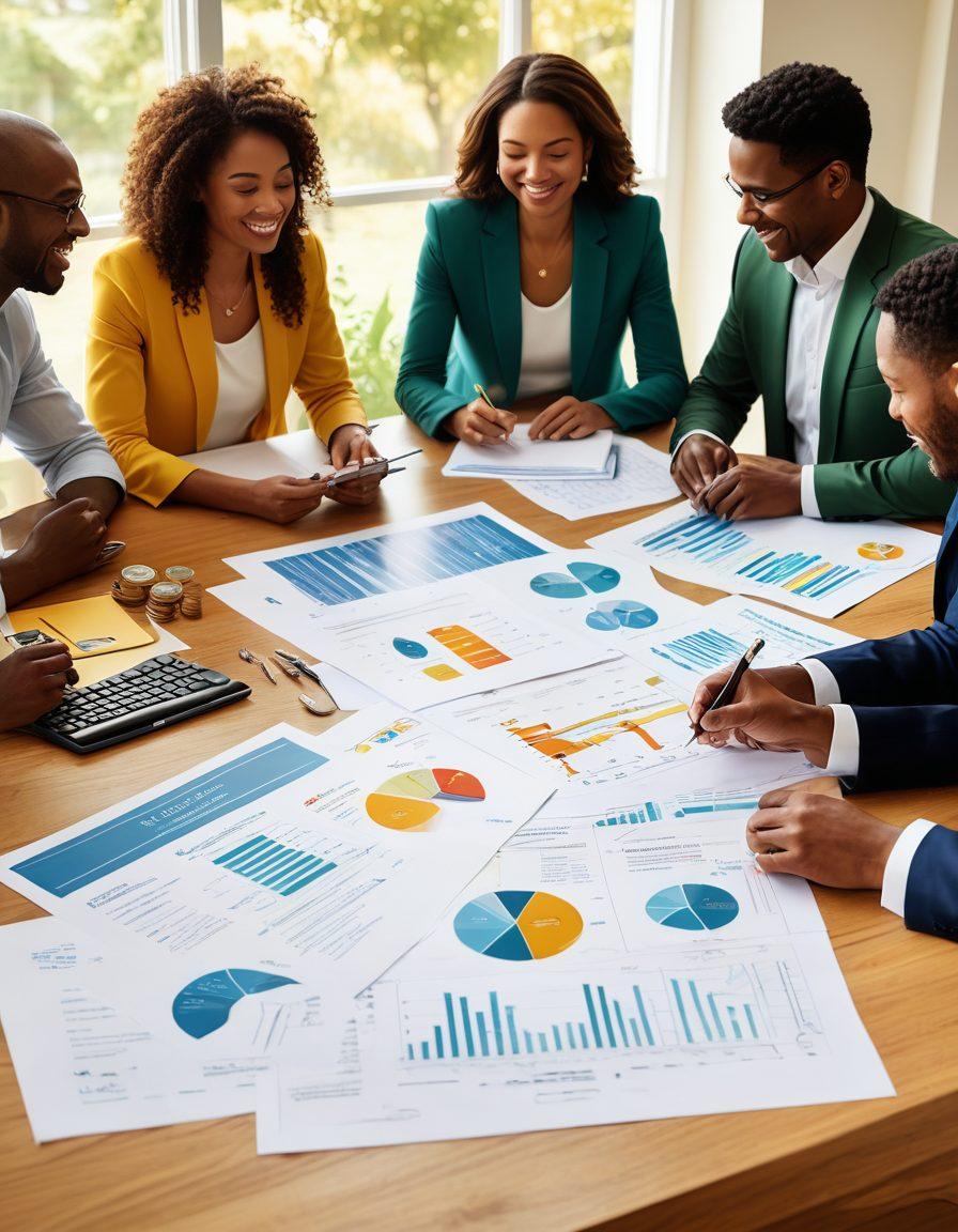 A visually striking composition illustrating a diverse group of people joyfully collaborating over financial documents, surrounded by symbols of affordable insurance like coins, family, and secure homes. In the background, a rising sun symbolizes financial independence, with a vibrant color palette that evokes hope and optimism. The style should be modern and dynamic, capturing the essence of teamwork and empowerment. vibrant colors. modern illustration.