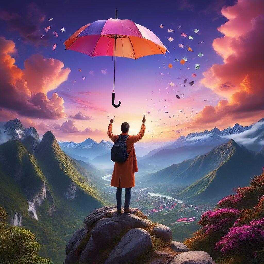 A serene scene depicting a confident individual standing on top of a mountain, overlooking a lush valley filled with symbols of financial growth like rising graphs and currency notes. The person holds an umbrella, symbolizing protection through smart insurance strategies. In the sky, soft clouds form words like 'Freedom' and 'Security'. A vivid sunset paints the horizon, casting warm colors across the landscape. super-realistic. vibrant colors. 3D.